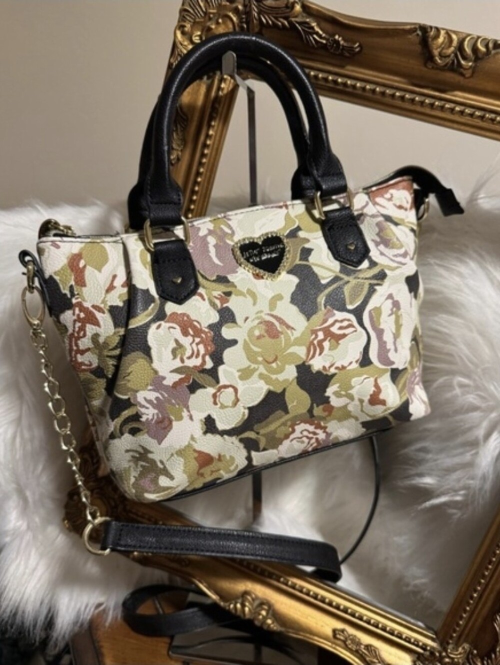 BETSEY JOHNSON Floral Tote Bag Black Cream Flower Purse